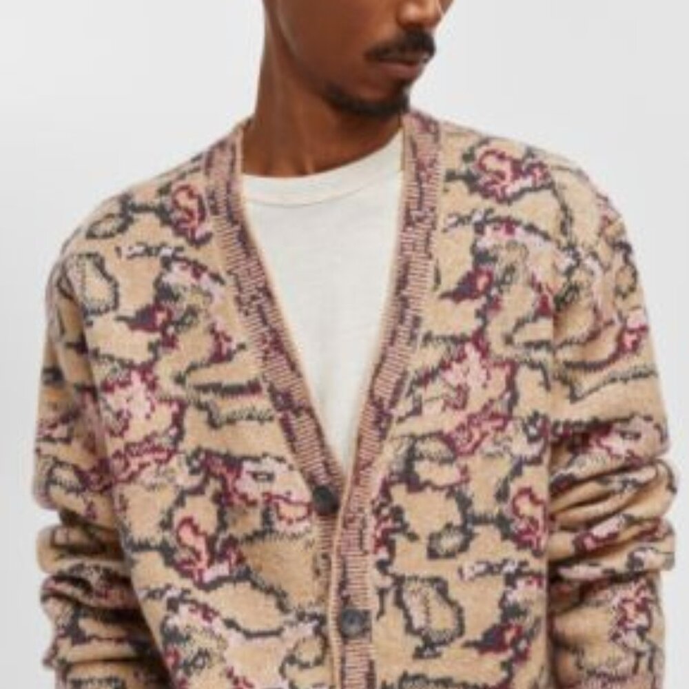 Floral Patterned Cardigan Sweater Mode of One Men's Relaxed-Fit Abstract Jacquar